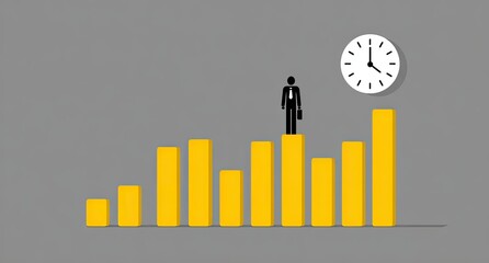 A stick figure stands on a rising yellow bar chart, with a clock
