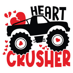 Monster truck heart crusher graphic design with broken hearts and bold typography © Flow Loom