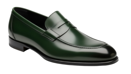 Elegant green leather penny loafer isolated PNG, stylish men s shoe for formal wear and business attire on transparent background