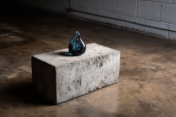 Elegant Blue Iridescent Glass Sculpture on Gray Textured Block in Dark Room with Dim Lighting