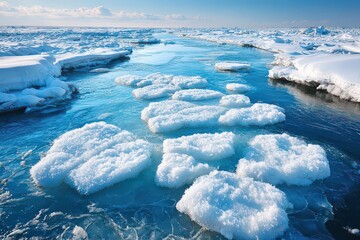 Frozen Lake Superior with Cracked Ice Sheets on a Sunny Day in Winter