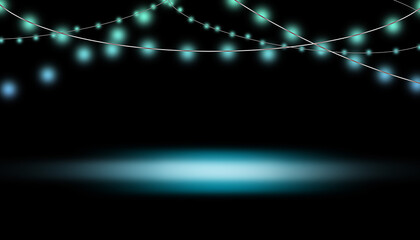 Guirlande de lumi&egrave;re bleu avec &eacute;clairage central sur fond noir.