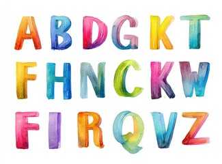 Watercolor alphabet set, each letter uniquely colored and painted in bold, expressive strokes