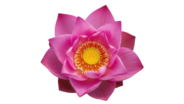 Detailed pink lotus flower isolated PNG on transparent background, vibrant blossom with yellow center for design elements and floral compositions - Powered by Adobe