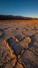 Golden Sunset on Cracked Earth Landscape with Distant Mountains and a Clear Blue Sky Above