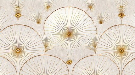 Elegant Tile Pattern with Golden Geometric Floral and Radial Design on Pale Beige Background, Featuring Intricate Ornamentation and Delicate Radial Lines for Decorative Backdrop