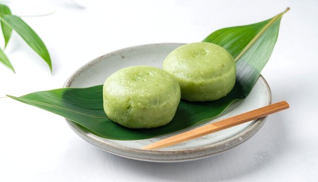 器に盛られた草団子が葉の緑と共に上品な和菓子表現となる