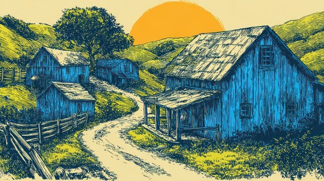 Illustration of Rural Landscape with Weathered Barns Yellow Sky and Lush Greenery in Countryside Scenic Depicting Serene Farm Life and Rustic Charm - Powered by Adobe