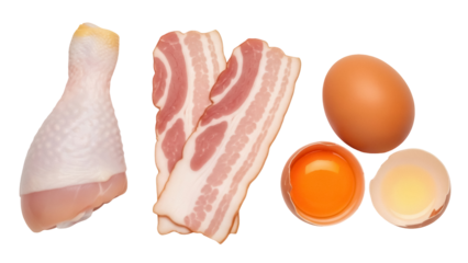 Chicken leg isolated PNG, bacon strips and broken egg on transparent background, breakfast ingredients for cooking and food design