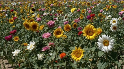Floral Meadow with Sunflowers Zinnias and Green Foliage on a Sunny Day with Vivid Colors and Natural Light in an Outdoor Setting