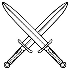 Two Crossed Swords in Black and White Line Art