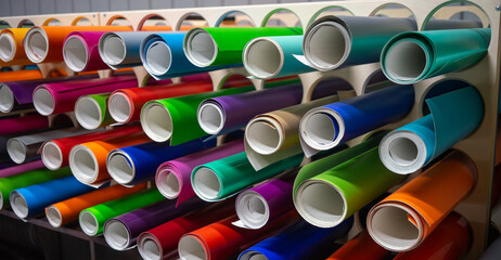 Rolls of multi-colored vinyl film. Design materials.Background color selection.