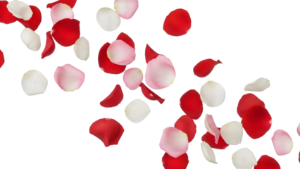Assortment of red pink and white rose petals gracefully falling on transparent background suitable for various romantic themes