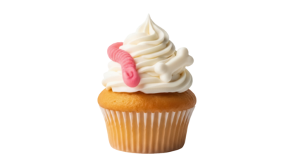Halloween cupcake PNG isolated on transparent background, vanilla frosting with gummy worm and bone candy for spooky party treat