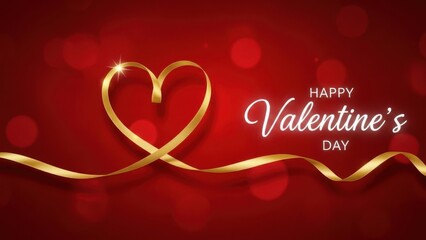 Luxury Valentine Concept: Golden silk ribbon forming a heart shape on deep red bokeh background for premium holiday branding