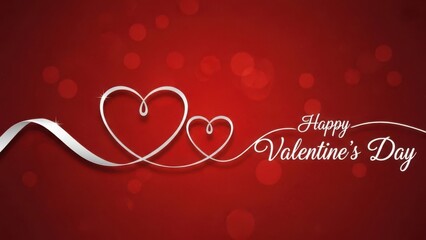 Elegant Valentine Greeting: Dual white heart outlines with flowing silk ribbon on red bokeh background for romantic events