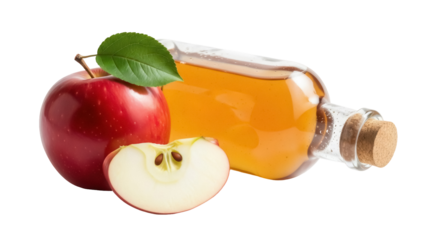 Apple cider vinegar in glass bottle isolated PNG, with red apple and slice on transparent background, healthy organic food