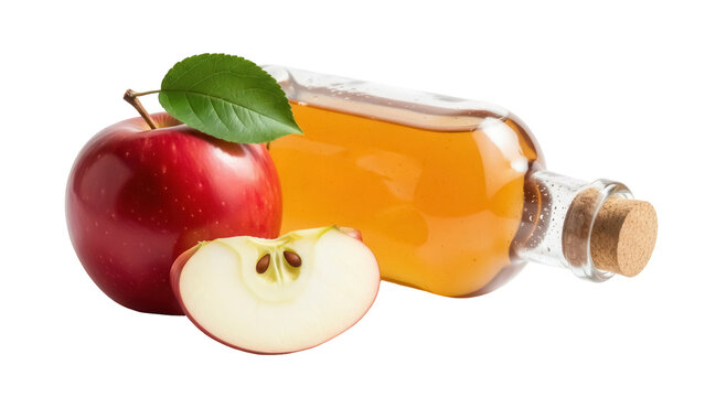 Apple cider vinegar in glass bottle isolated PNG, with red apple and slice on transparent background, healthy organic food