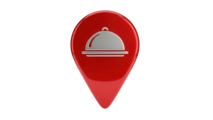 Red location pin with restaurant cloche isolated PNG, food service marker for maps and navigation apps on transparent background