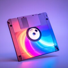 Vibrant Floppy Disk Illuminated with Neon Rainbow Colors on a Gradient Background.
