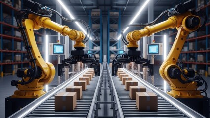 Smart Warehouse Automation: Industrial yellow robotic arms sorting cardboard boxes on conveyor belts for logistics efficiency
