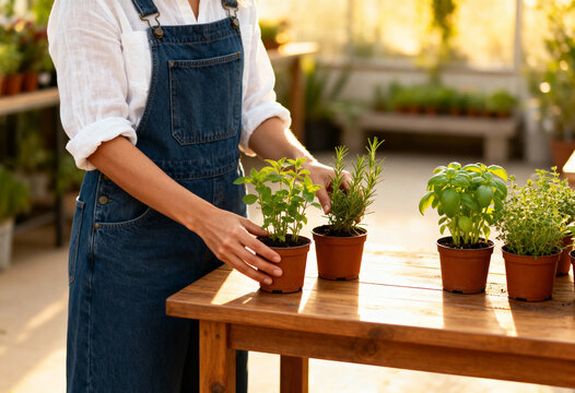 Woman gardener arranging fresh potted herbs on a wooden table. Growing mint and rosemary in a sunlit greenhouse. Home gardening and organic lifestyle concept - Powered by Adobe