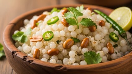 Traditional Sabudana Khichdi: Tapioca pearl pilaf with peanuts, chilies and cilantro in wooden bowl for healthy indian breakfast