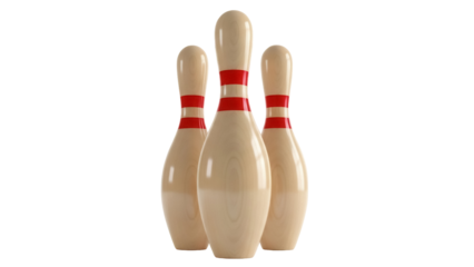 Three bowling pins PNG isolated on transparent background, classic sport equipment for bowling alley games and recreational activities