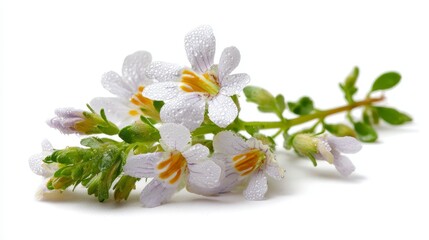 Close-up of delicate white flowers with yellow centers and water droplets on a slender green stem, isolated on white