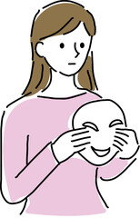 笑顔の仮面を外す無表情の女性手描き線画