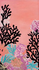 Floral Pattern with Coral Branch Motifs on Peach Backdrop in Vertical Orientation