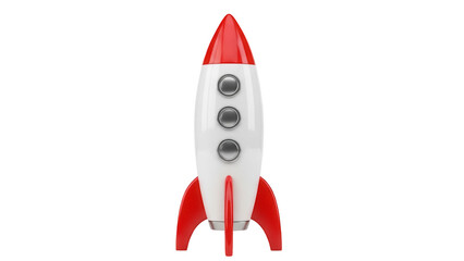 Red and white rocket ship isolated PNG on transparent background, retro space toy for kids and science fiction concepts © Matej