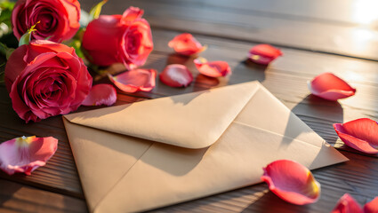 Romantic letter with red roses on wooden table