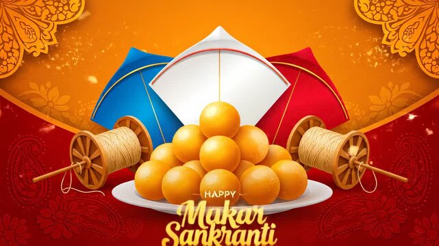 Makar Sankranti Festival Background Ladoo Kites Spools