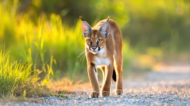 A caracal walks toward the viewer on a gravel path, lit by golden sunlight