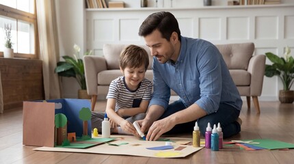 A happy father and son are crafting together on the living room floor.