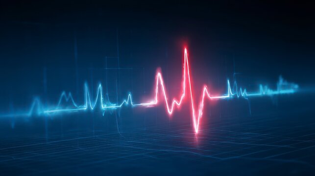 A vibrant digital representation of a fluctuating heartbeat graph, with a dramatic red peak and blue baseline - Powered by Adobe
