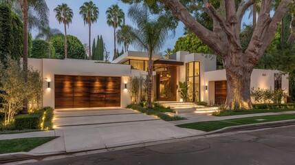 Modern Home with Wood Clad Garage and Lush Greenery and Exterior Lighting at Twilight