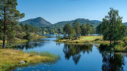 Scenic Lake Surrounded by Green Trees and Hills Under Clear Blue Sky with Water Reflections in Daylight