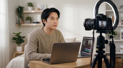 A serious young Asian man is recording a video in his home studio.