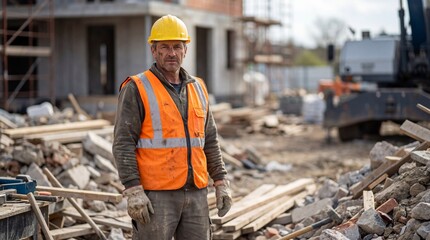 A male construction worker stands confidently on a demolition site.