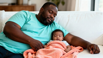 Obraz premium Black father and his newborn baby sleeping together on a couch. Tired dad and infant napping at home. A tender moment of fatherhood and family bonding
