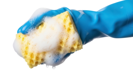 Blue gloved hand holding a yellow sponge with soap suds isolated PNG, cleaning equipment for household chores on transparent background