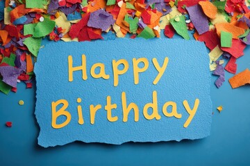 Happy Birthday Written in Yellow on a Blue Rectangular Card Surrounded by Colorful Confetti on a Blue Background