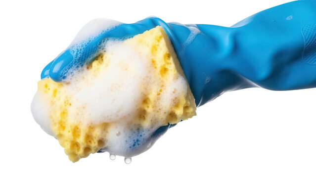 Blue gloved hand holding a yellow sponge with soap suds isolated PNG, cleaning equipment for household chores on transparent background