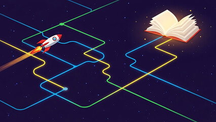 education technology rocket on digital paths towards glowing open book symbolizing fast learning journey and knowledge acquisition.