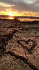 Heart Drawn on Rocky Shoreline During Golden Hour with Orange Sky at Sunset