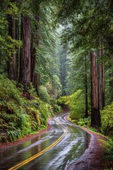 Scenic Winding Road Through Lush Green Forest with Towering Trees Reflective Pavement and Dappled Sunlight