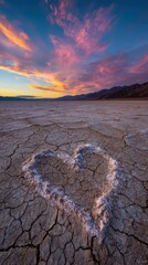 Heart Shape on Cracked Mudflat with Colorful Sunset Sky Panorama