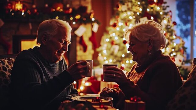 Two older women sitting on a couch in front of a christmas tree